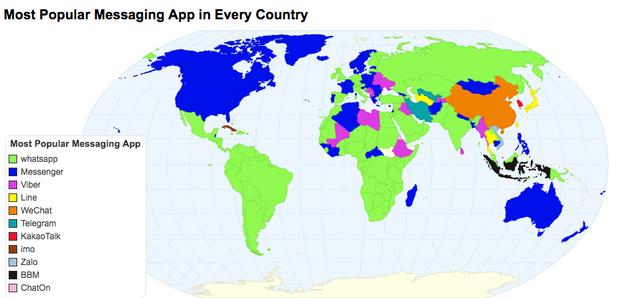 全球即时通讯应用流行度分布图：脸书横扫全球，微信独霸中国